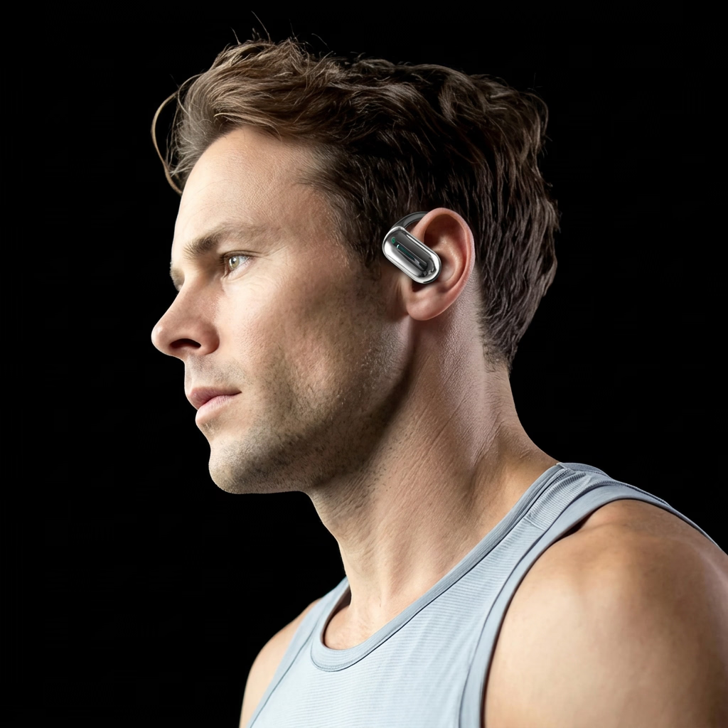 Man wearing a wireless earbud with text  on a black background